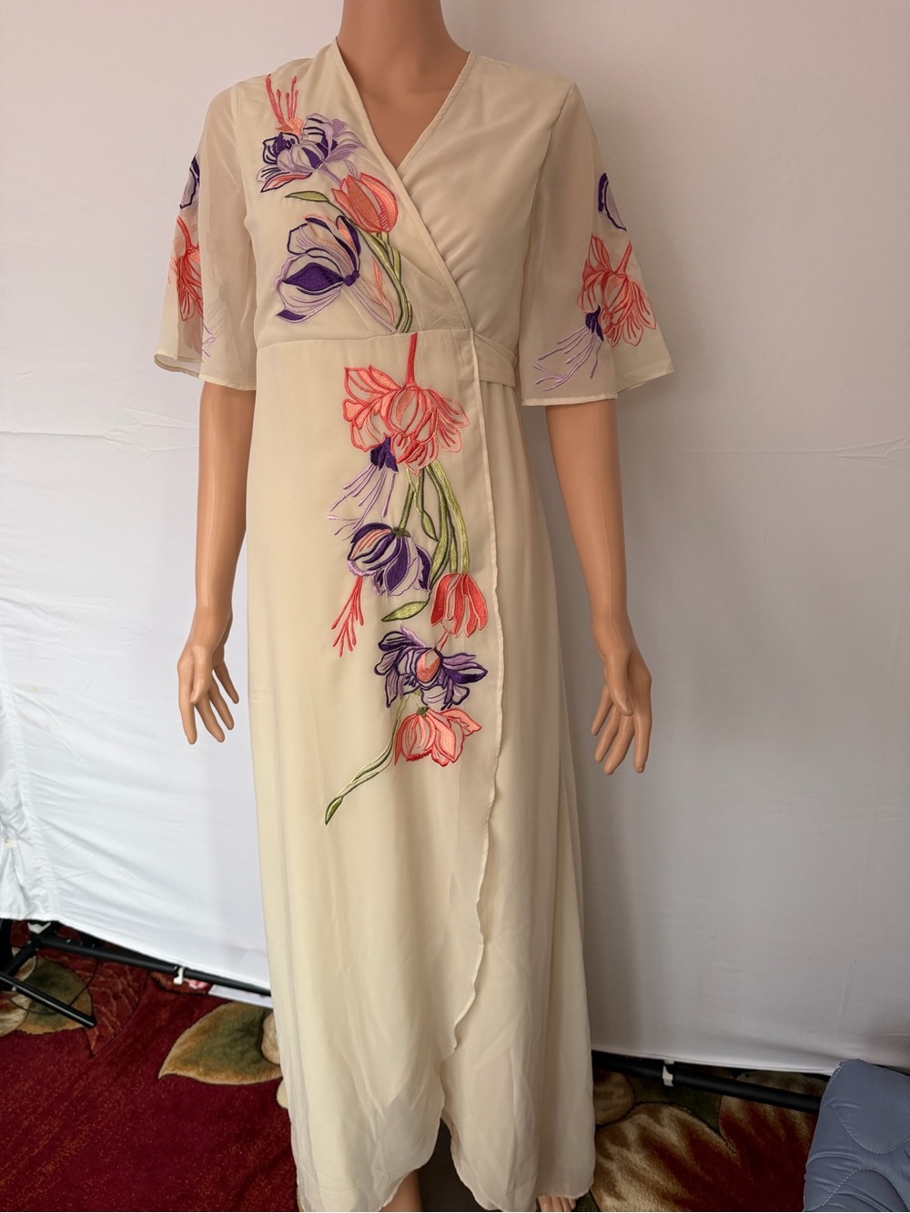 Cream Floral Embroidered Wrap Maxi Dress with Pink & Purple Blooms